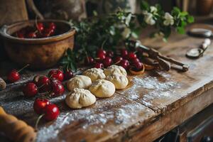 ai generado haciendo corazón conformado empanadillas con cerezas en el mesa foto