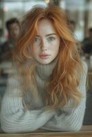 AI generated Urban Elegance Moody Portrait of Red Haired Woman in Modern Cafe Near The Window photo