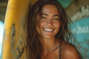 ai generado joven mujer a el playa, radiante alegría como ella sostiene un tabla de surf, capturar el esencia de exótico belleza foto