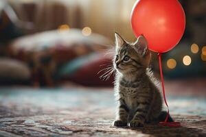 AI generated Little kitten in the living room with a red balloon. Gift concept photo