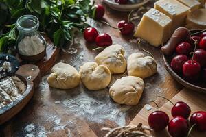 AI generated Making heart shaped dumplings with cherries on the table photo