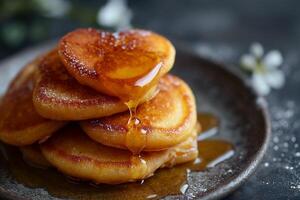 AI generated stack of heart-shaped pancakes with honey on a plate. View from above. Served on the kitchen table for breakfast photo