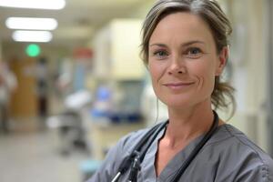 ai generado retrato de un mujer acerca de 30 años antiguo en un gris enfermero uniforme en un hospital foto