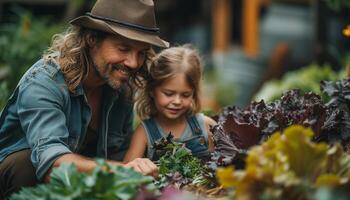 AI generated Sustainable Family Making Compost from Food Scraps photo