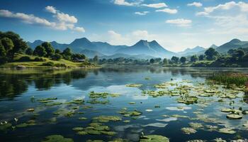 AI generated Tranquil scene mountain peak reflects in peaceful pond generated by AI photo