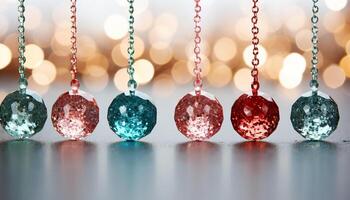 AI generated Shiny decoration hanging, multi colored sphere, glowing reflection, vibrant Christmas ornament generated by AI photo