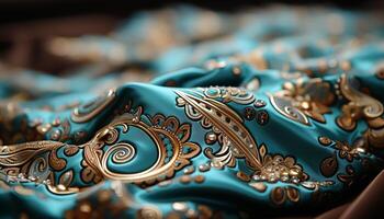 AI generated Elegant blue silk dress, adorned with gold embroidery and jewelry generated by AI photo