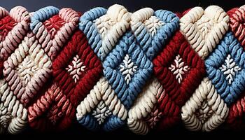 ai generado tejido lana patrón, cerca arriba artesanía, vistoso textil decoración generado por ai foto