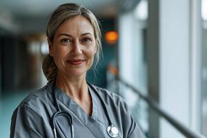 ai generado retrato de un mujer acerca de 30 años antiguo en un gris enfermero uniforme en un hospital foto