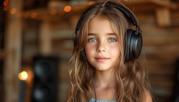 ai generado niña vistiendo auriculares en música colegio lección foto