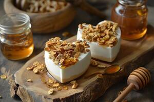 AI generated Yogurt in the shape of a heart. Serve with honey and granola photo