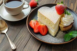 ai generado corazón conformado esponja pastel con fresa y taza de café foto