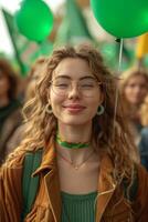 AI generated Women holding green flags and balloons at a rally on international womens day photo