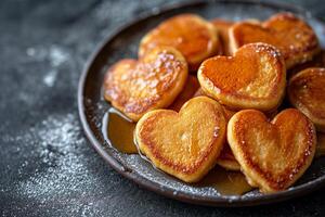 AI generated stack of heart-shaped pancakes with honey on a plate. View from above. Served on the kitchen table for breakfast photo