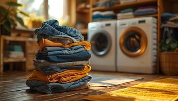 AI generated Dirty Laundry Stacked by Washing Machine photo