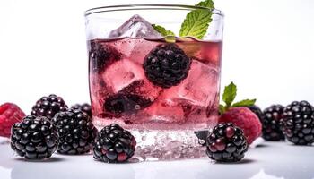 AI generated Fresh berry cocktail with ice, mint leaf, and blackberry garnish generated by AI photo