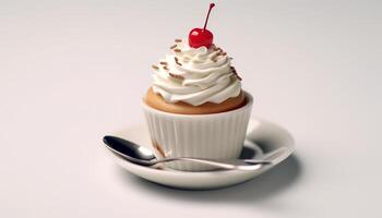 AI generated Homemade cupcake with whipped cream and fresh strawberry decoration generated by AI photo
