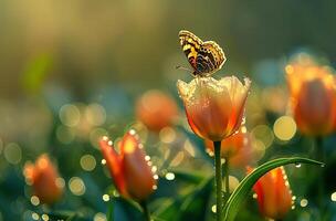 ai generado Rocío cargado tulipán con mariposa foto