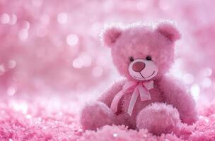 AI generated Pink teddy bear with bokeh background photo