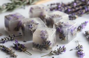 AI generated Lavender flower ice cubes photo