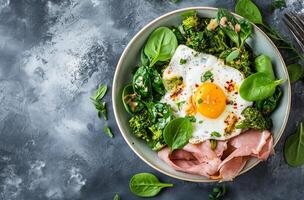 AI generated Breakfast bowl with egg, vegetables, and ham photo