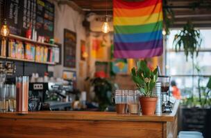 ai generado lgbt orgullo bandera en café foto