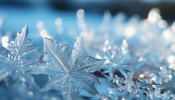 AI generated Blue winter leaf, shiny snowflake, crystal frost, vibrant Christmas ornament generated by AI photo