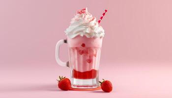 AI generated Fresh strawberry milkshake on a summer table, creamy and sweet generated by AI photo