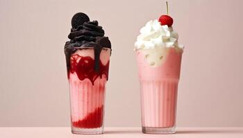 AI generated Refreshing summer dessert ice cream, strawberry, raspberry, milkshake, whipped cream generated by AI photo