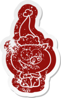 cheerful sitting pig quirky cartoon distressed sticker of a wearing santa hat png