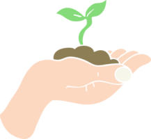 flat color illustration of seedling growing held in hand png