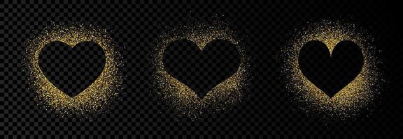 Set of three heart shape frames with golden glitter on dark background. Greeting card with empty dark background. Vector illustration.