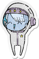 distressed sticker of a happy cartoon space girl png
