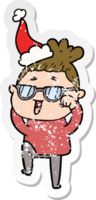 hand drawn distressed sticker cartoon of a happy woman wearing spectacles wearing santa hat png