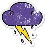 distressed sticker of a quirky hand drawn cartoon thunder cloud png