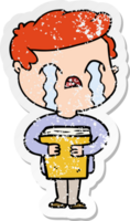 distressed sticker of a cartoon man crying holding book png