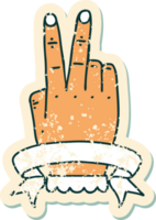 grunge sticker of a victory v hand gesture with banner png