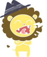 león rugiente de dibujos animados de estilo de color plano con sombrero png