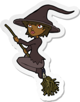 sticker of a cartoon witch riding broomstick png