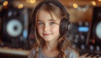 ai generado niña vistiendo auriculares en música colegio lección foto