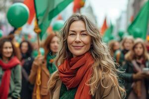 ai generado mujer participación verde banderas y globos a un reunión en internacional De las mujeres día foto