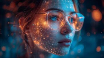 ai generado futuro Interacción mujer con neural interfaz dispositivo explora singularidad foto