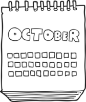 hand drawn black and white cartoon calendar showing month of october png