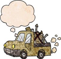 tekenfilm oud vrachtauto met gedachte bubbel in grunge structuur stijl png