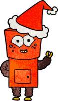 happy hand drawn textured cartoon of a robot waving hello wearing santa hat png