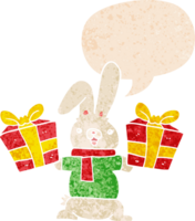 cartoon rabbit with christmas presents with speech bubble in grunge distressed retro textured style png