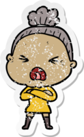 distressed sticker of a cartoon angry old woman png