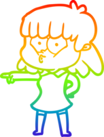 rainbow gradient line drawing of a cartoon whistling girl pointing png