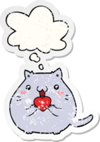 mignonne dessin animé chat dans l'amour avec pensée bulle comme une affligé usé autocollant png