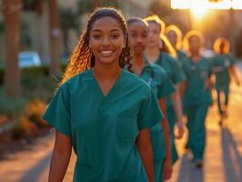 ai generado diverso de médico estudiante caminando en el Universidad foto